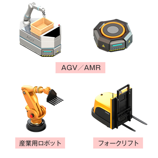 自動搬送車（AGV）や自律走行搬送ロボット（AMR）,電動フォークリフト,ドローンなど